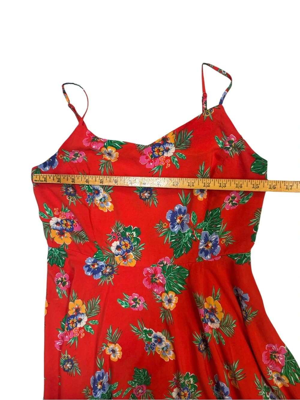 Old Navy Red Tropical Floral Fit & Flare Mini Dress Strappy Lined Size Large - Picture 3 of 9